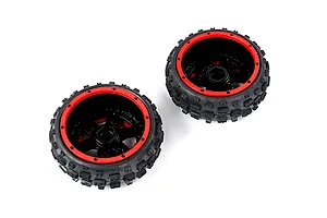 Two Rovan Wasteland RC buggy front tyres mounted on black and red beadlock-style rims against a white background.
