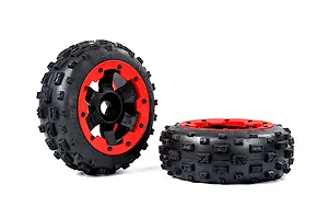 Two Rovan Wasteland RC buggy tyres with aggressive block tread patterns mounted on black and red beadlock-style rims against a white background.