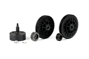 Rovan RC clutch bell assembly with two sets of spur and pinion gears, a nut, and a clip on a white background.