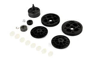 Rovan RC clutch bell, spur gears, pinion gears, and small hardware components arranged on a white background.