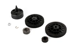 Rovan RC drivetrain parts including a clutch bell, two spur gears, two pinion gears, a nut, and an E-clip on a white background.