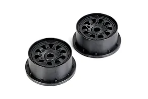 Two black Rovan fourth generation RC wheel hubs shown from a high angle against a white background.