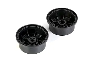 Two black plastic RC wheel hubs shown from an angled perspective against a white background.