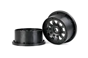 Two black plastic RC car wheel hubs shown from different angles against a white background.