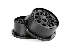 Two black plastic RC car wheel rims stacked against each other on a white background.