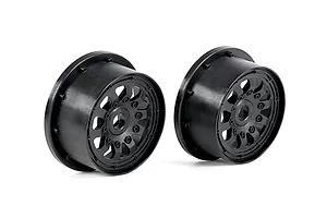 Two black plastic RC car wheel rims shown from a side angle against a white background.