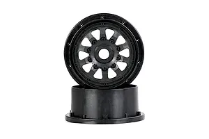 A black plastic RC car wheel rim shown from the front and side profile against a white background.