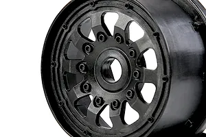 A black Rovan fourth generation RC wheel hub viewed from a slight angle against a white background.