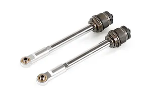 Two Rovan silver RC shock shafts with attached rod ends on a white background.
