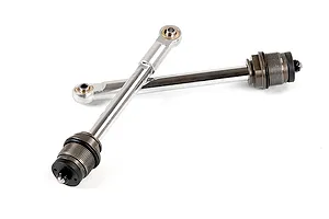 Two Rovan silver RC shock shafts with attached rod ends arranged in an X shape on a white background.