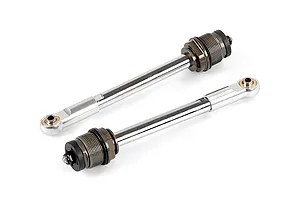 Two Rovan silver RC shock shafts with attached rod ends and threaded collars on a white background.