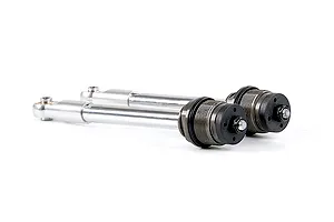 Two silver RC shock absorber shafts with black end caps and rod ends, isolated on a white background.