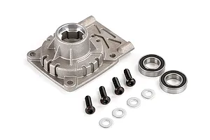 Rovan 5IVE-T LT clutch housing with included bearings, screws, and washers on a white background.