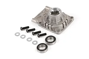 Rovan 5IVE-T LT clutch housing with included mounting screws, washers, and ball bearings on a white background.