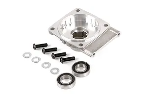 A silver metal Rovan clutch housing for an RC vehicle, accompanied by four black screws, four silver washers, and two ball bearings.