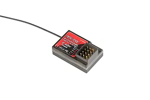 A Rovan BER-RXV4 4-channel 2.4GHz RC receiver unit with a black plastic casing and an antenna wire, shown against a white background.