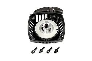 Rovan 1/5 Baja 5B pull start assembly with a black plastic housing, silver metal claw, and four mounting screws on a white background.
