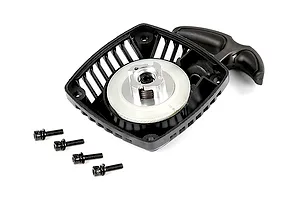 Rovan 1/5 scale RC pull start assembly with a black plastic housing, metal claw, and four mounting screws on a white background.