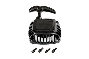 A black Rovan pull start assembly for a 1/5 scale RC car, featuring a plastic housing, handle, and four included mounting screws.