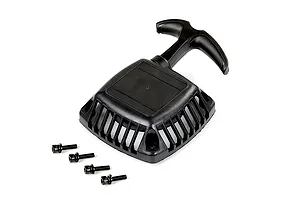 A black plastic pull start assembly for an RC engine with a T-handle and four included mounting screws on a white background.