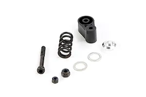 Rovan RC servo saver assembly kit including a black plastic arm, metal spring, bolt, nuts, washers, and a metal bushing on a white background.