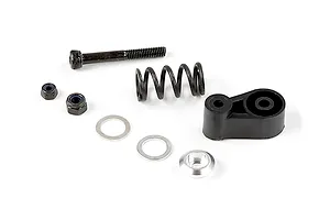 Rovan RC servo saver assembly kit including a black plastic arm, coil spring, bolt, nuts, and washers on a white background.