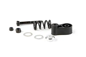 Rovan RC servo saver assembly kit including a black plastic arm, metal spring, bolt, nuts, washers, and a metal bushing on a white background.