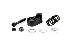 Rovan RC servo saver assembly kit including a black plastic arm, metal spring, bolt, nuts, washers, and a metal bushing on a white background.