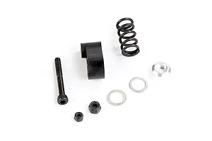 A Rovan servo saver assembly kit including a black plastic arm, metal spring, bolt, nuts, and washers on a white background.