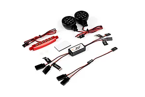 Rovan RC light controller kit including two round LED headlights, a red LED light bar, control module, and various wiring harnesses.