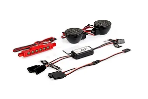 Rovan RC light controller kit including a red LED bar, two round black LED headlight housings, and a central control module with wiring and connectors.