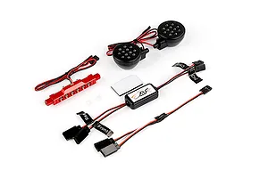 Rovan RC light controller kit including a control module, two round LED light pods, and a red LED light bar with wiring harnesses.