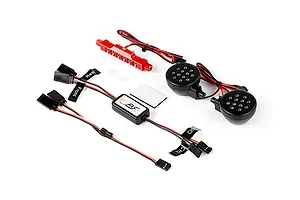 Rovan RC light controller kit including a red LED bar, two round black LED headlight units, a control module, and wiring harnesses on a white background.