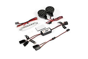 Rovan RC light controller kit including a central control module, two round LED light pods, and a silver LED light bar with wiring harnesses.