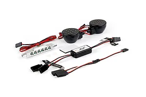 Rovan RC light controller kit including a silver LED bar, two round black LED headlights, and a control module with wiring and connectors.