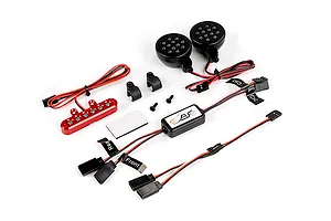 Rovan RC light controller kit including two round LED headlights, a red LED light bar, control module, and wiring harnesses on a white background.
