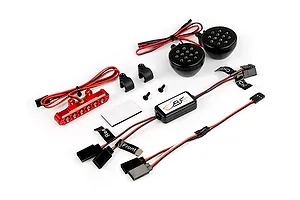 Rovan RC light controller kit including a red LED bar, two round black LED headlights, a control module, mounting brackets, and wiring harnesses.