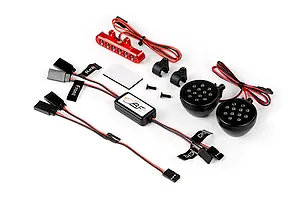 Rovan RC light controller kit including a central control box, two round LED headlight pods, a red LED light bar, wiring, and mounting hardware.