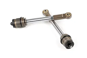 Two Rovan RC shock shafts with silver metal rod ends and threaded collars, isolated on a white background.
