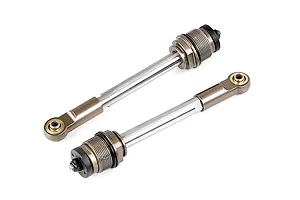Two Rovan silver shock shafts with attached rod ends, featuring metallic finish and black rubber seals, isolated on a white background.