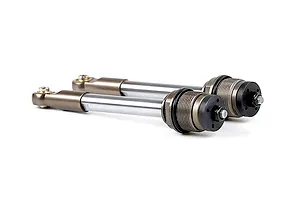 Two Rovan RC shock absorber shafts with rod ends, featuring silver metal shafts and bronze-coloured metal components on a white background.