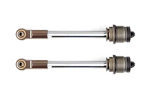 Two Rovan gun metal rear shock shafts with rod ends, shown side-by-side against a white background.