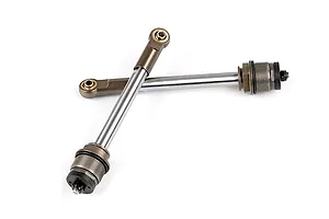 Two Rovan gun metal RC shock shafts with attached rod ends and threaded collars, isolated on a white background.
