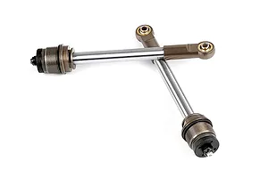 Two Rovan gun metal rear shock shafts with rod ends arranged in an X shape on a white background.