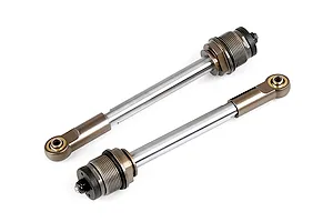 Two Rovan gun metal RC shock shafts with rod ends, shown against a white background.