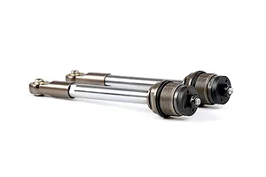 Two Rovan gun metal rear shock shafts with rod ends, shown against a white background.