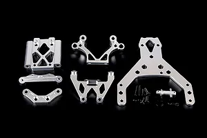 A set of silver aluminium RC car front bulkhead components, including plates, brackets, and mounting hardware, arranged on a black background.