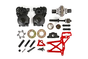 A collection of Rovan 1/5 Baja RC car transmission and differential assembly parts, including plastic cases, metal gears, and a red aluminum chassis plate.