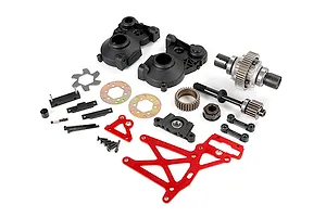 A Rovan 1/5 scale Baja plastic gear differential transmission assembly kit including plastic housing, metal gears, and red anodized aluminum parts.