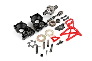 A Rovan 1/5 Baja plastic gear differential transmission assembly kit including black plastic housing, metal gears, and red aluminum chassis components.